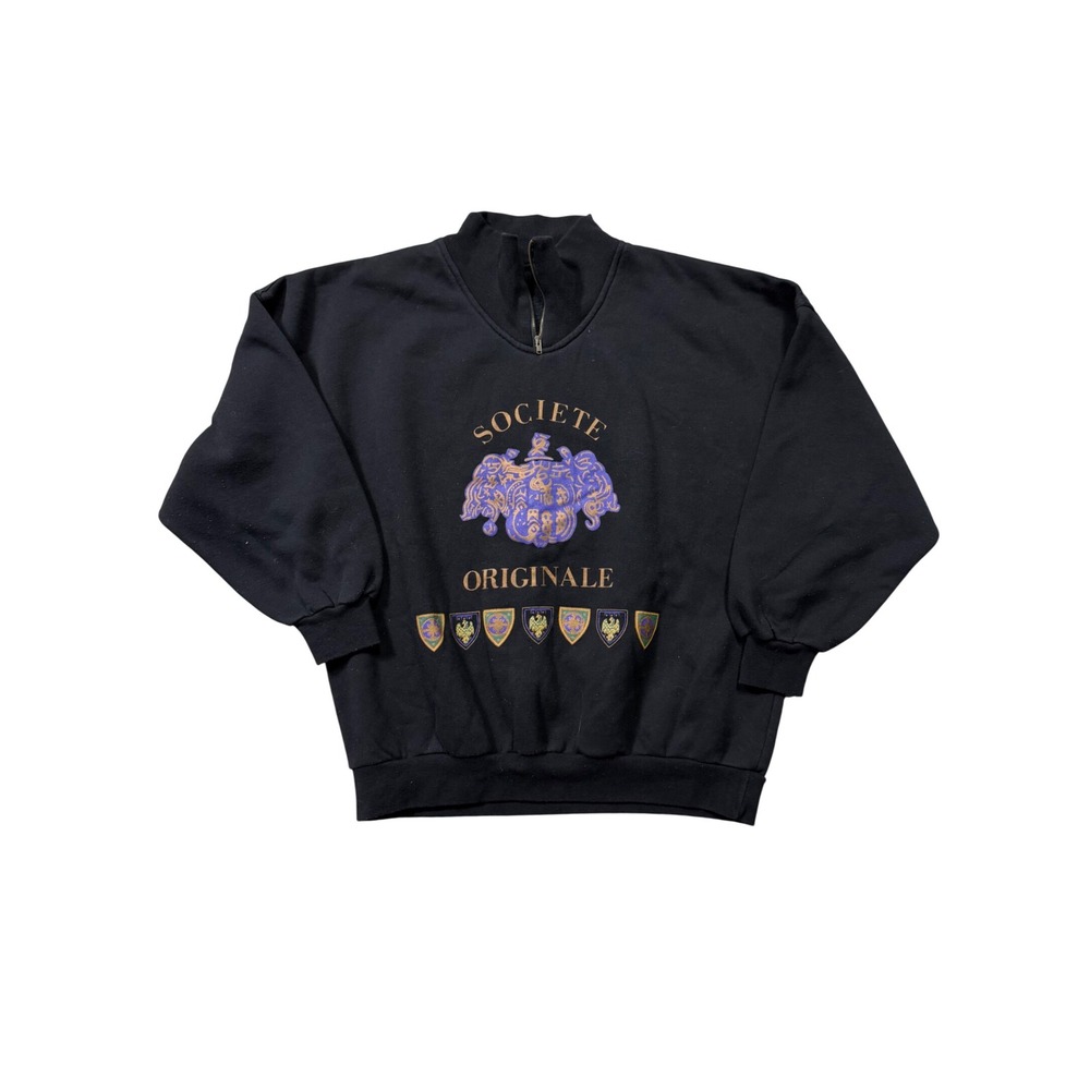 Vintage 80s Societe Originale Sweatshirt Large Black Crest Quarter Zip Pullover